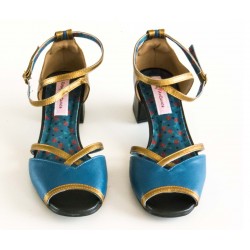 Sandália  em couro Soft Bronze Soft Azul Real