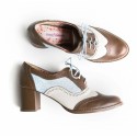 Sapato oxford em couro tricolor Salto  quadrado Whisky / Rose / Azul